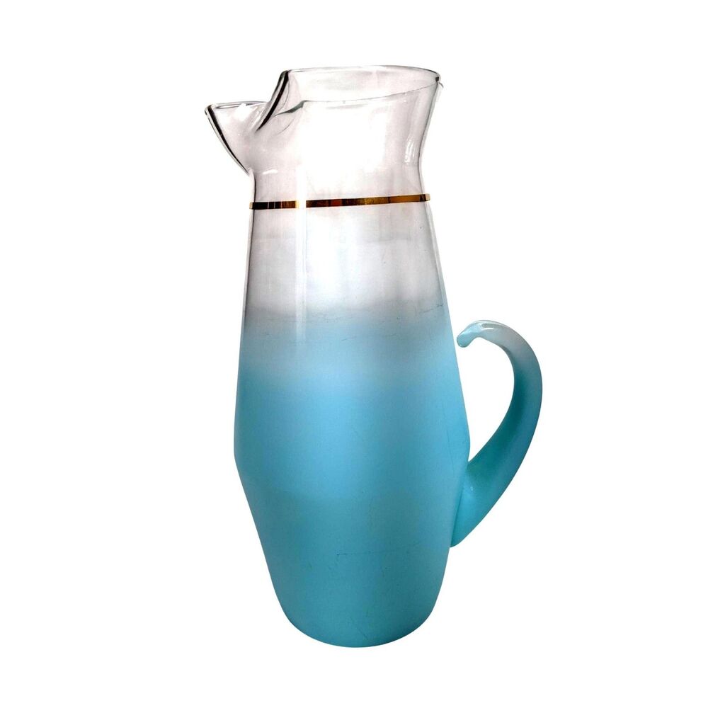 Blendo Pitcher Frosted Aqua Blue - Clear Ombre Gold Trim Mid Century Vintage 50s
